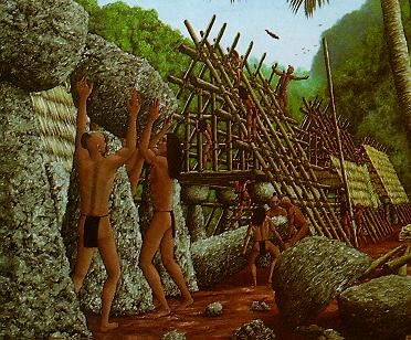 Ancient Chamorros construct a latte stone foundation for a house or lodge – Painting by David Sablan.