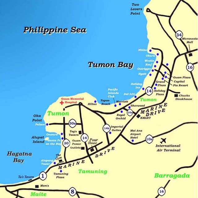Map of Central Guam and Tumon hotel and tourist district.